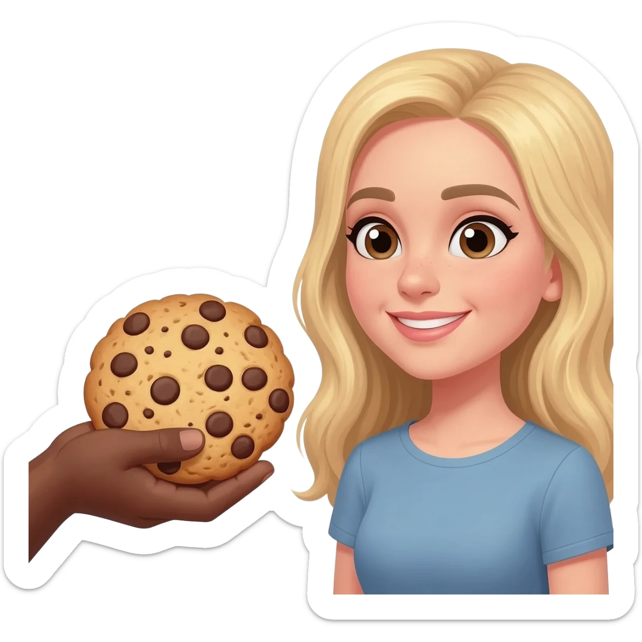 Black man with shaved head sharing cookies with blonde woman sticker