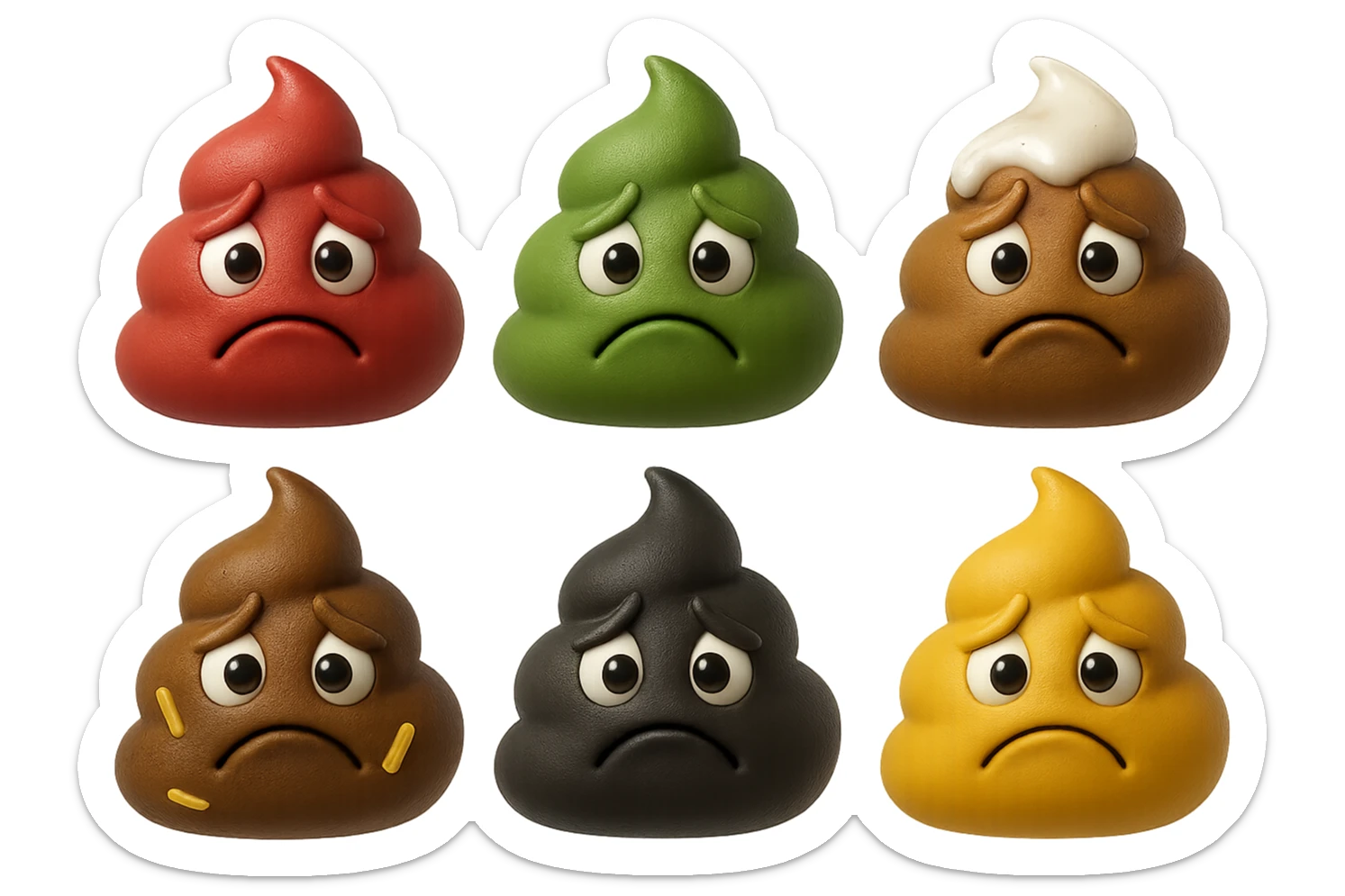 emoji stile iphone 3d di una cacca di colore rosso, una cacca di colore verde, una cacca di colore marrone con muco bianco visibile sopra,  una cacca di colore marrone con penne di pasta a pezzetti visibili all'interno di essa,  una cacca di colore nero e una cacca di colore giallo, tutte le cacche hanno un espressione triste, iperrealistiche 4k sticker