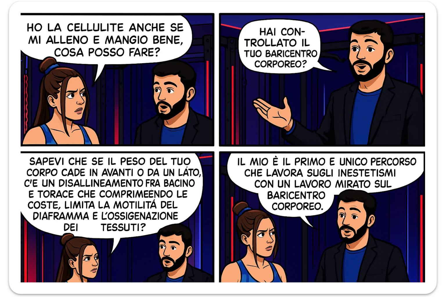 TRASFORMA QUESTO CAROSELLO IN UN FUMETTO CON QUESTE DUE PERSONE IDENTICHE CHE INTERLOQUISCONO TRA LORO:

LEI: Ho la cellulite anche se mi alleno e mangio bene, cosa posso fare?

LUI: Hai controllato il tuo baricentro corporeo?
Sapevi che se il peso del tuo corpo cade in avanti o da un lato, c’è un disallineamento fra bacino e torace, che comprimendo le coste, limita la motilità del diaframma e l’ossigenazione dei tessuti?
Il mio è il primo e unico percorso che lavora sugli inestetismi con un lavoro mirato sul baricentro corporeo. sticker
