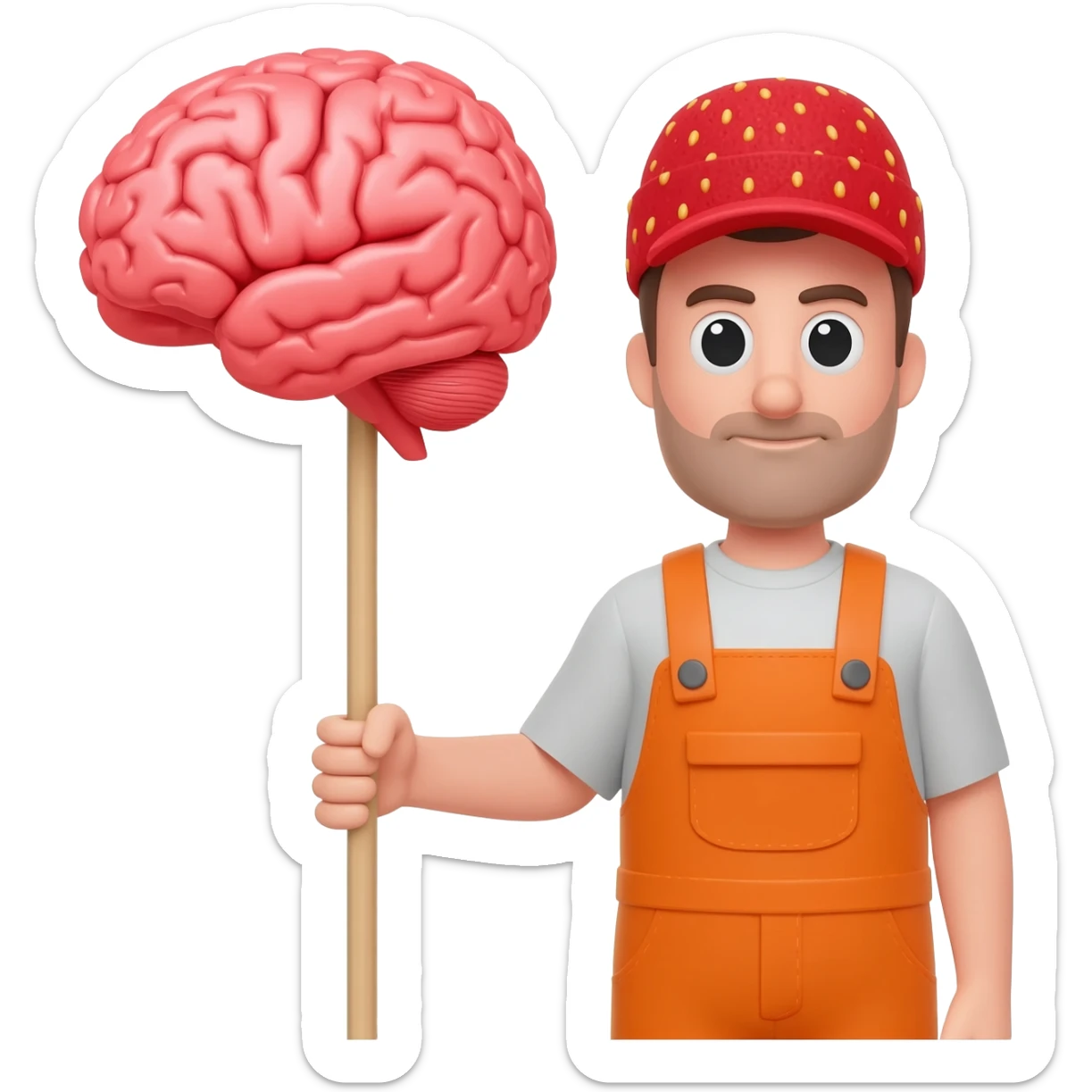A guy with red hat and orange overalls and more and with some 3D skippity sentence brain rod and more and crazy little strawberry Red Crimson hat sticker