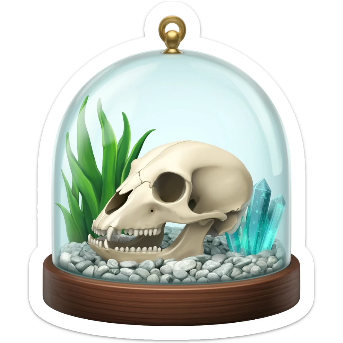 A terrarium glass dome with an animal skull inside, shiny pebbles and crystal inside. And plants inside  sticker