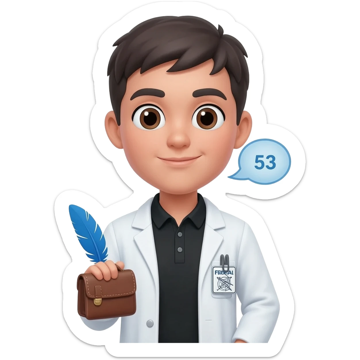 Hacer un emoji con bata, una bolsita que se alcance a ver una pluma azul, una polo color negro y un gafete que diga forense, la cara que sea androgena un poco femenina, cabello corto, que de su boca salga un globo de hablar que diga 53 sticker