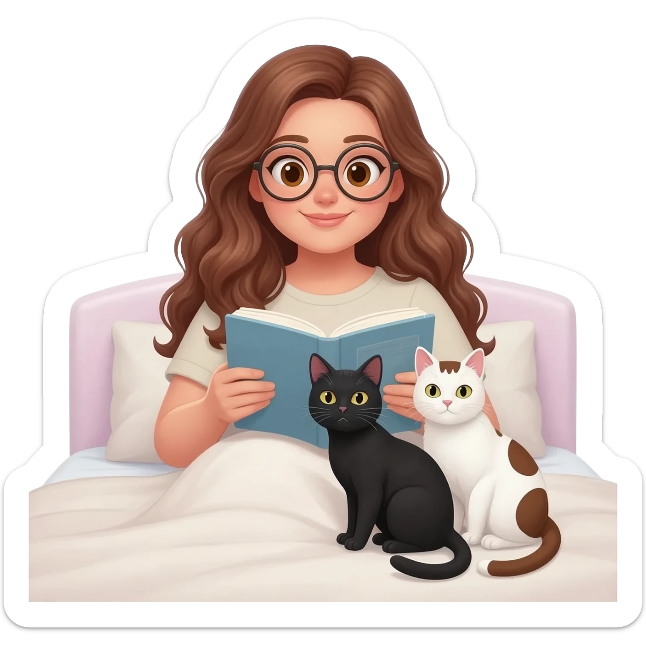 detailed emoji illustration of a curvy woman with long chestnut brown wavy hair, light brown eyes and round glasses sitting on a bed and reading a book, with two cats beside her: one black cat and one white cat with brown spots, cozy bedroom atmosphere, cute emoji style sticker