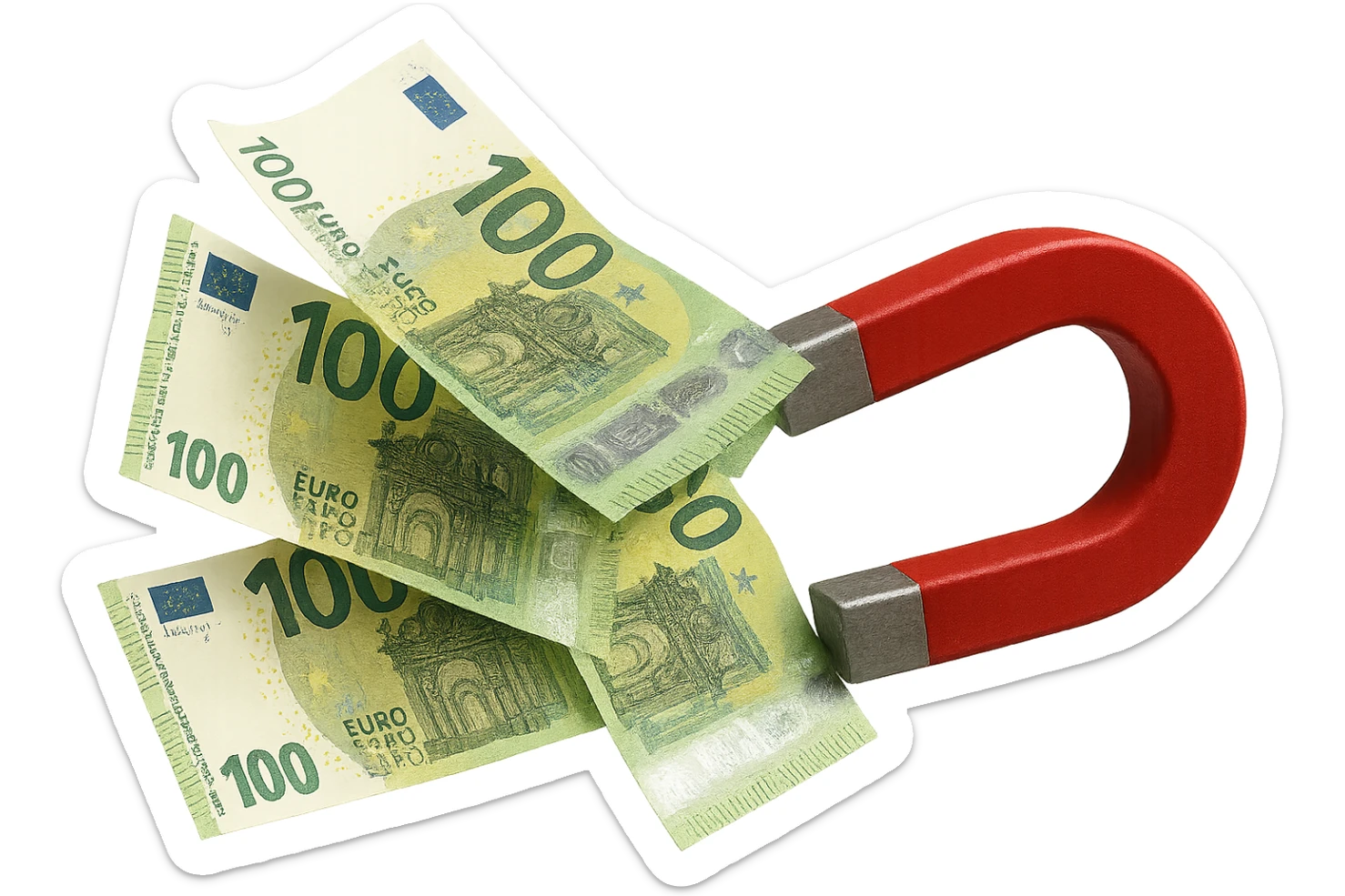 banconote di euro fluttuano vicino ad una calamita rossa, sono attratte, iperrealistico 4k sticker