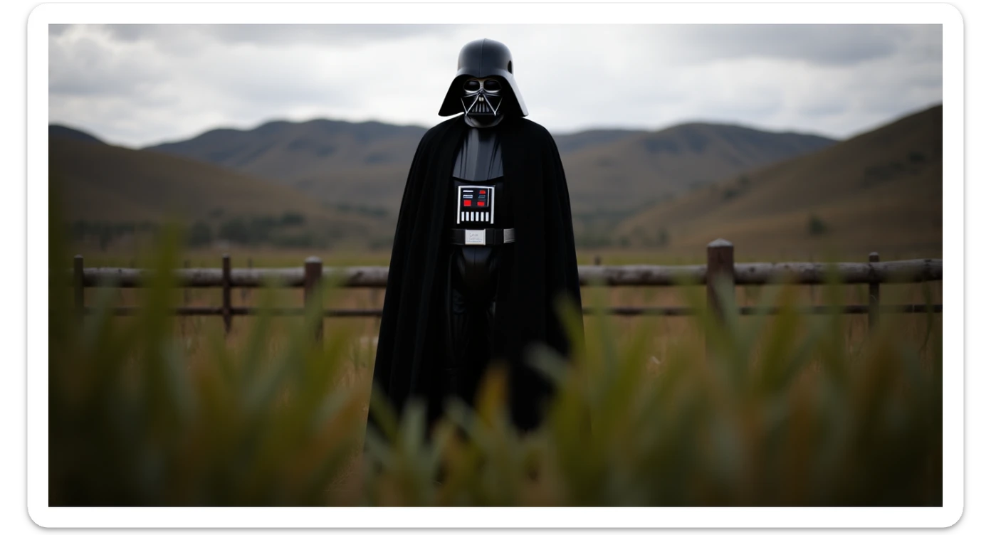 A portrait of a Darth vader in the foreground, blurred plants in the foreground (close to the camera), a wooden fence in the midground, rolling hills in the background, cinematic depth of field, layered composition, natural lighting sticker