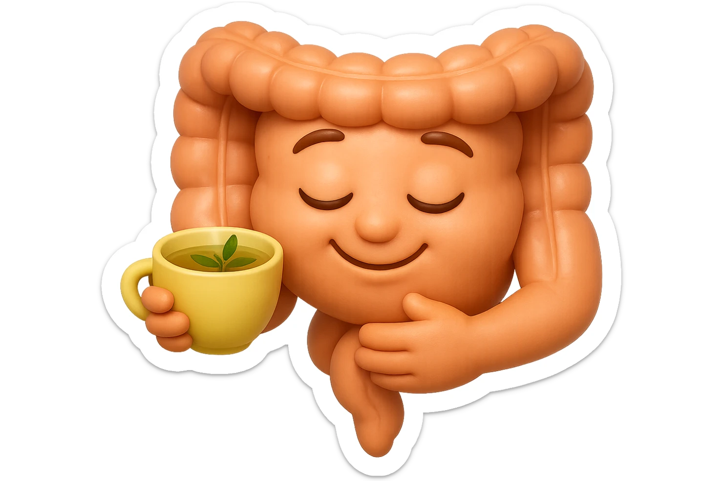 emoji stile iphone 3d di intestino umano sereno che si tocca la pancia mentre sorseggia un thè alle erbe, iperrealistico 4k sticker