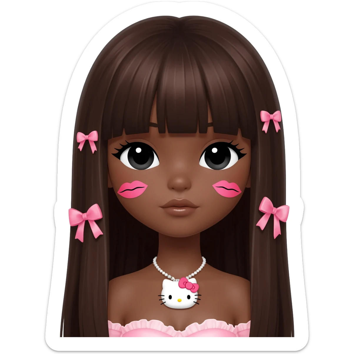 hello kitty necklace, doll eyes, Doll, big chest, dark brown skin, with middle part long dark brunette hair without bangs,  black cute eyes, pink bows with cute lips sticker