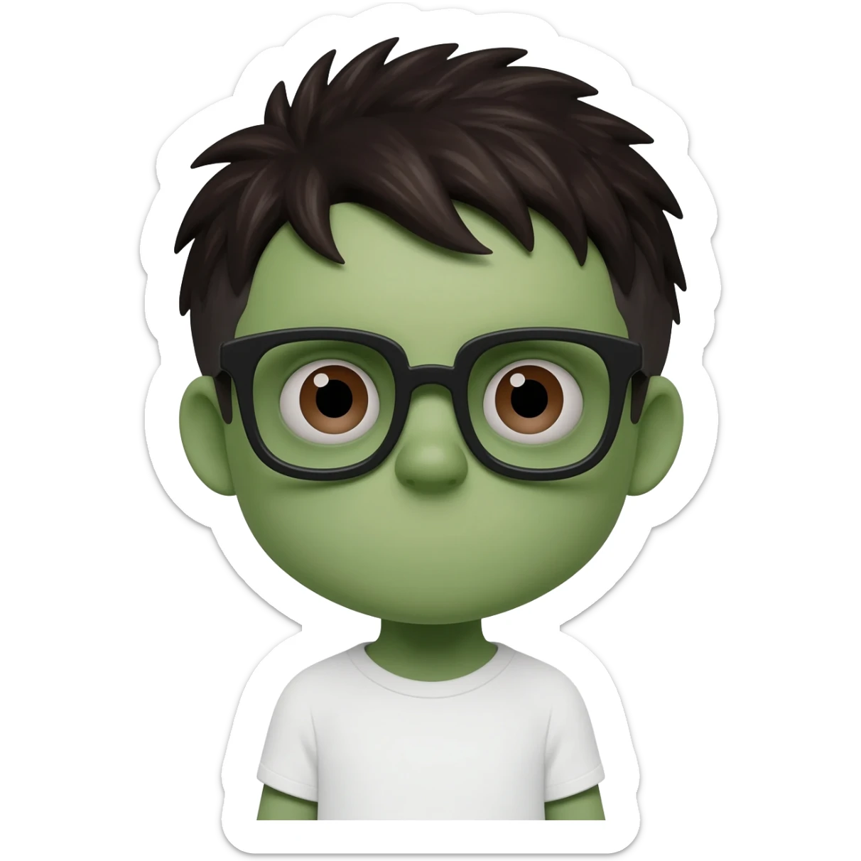 zombie boy with white tshirt and black brownish hair and with black glasses frames on hair is texturized young boy and round face more green face and dark brown eyes sticker