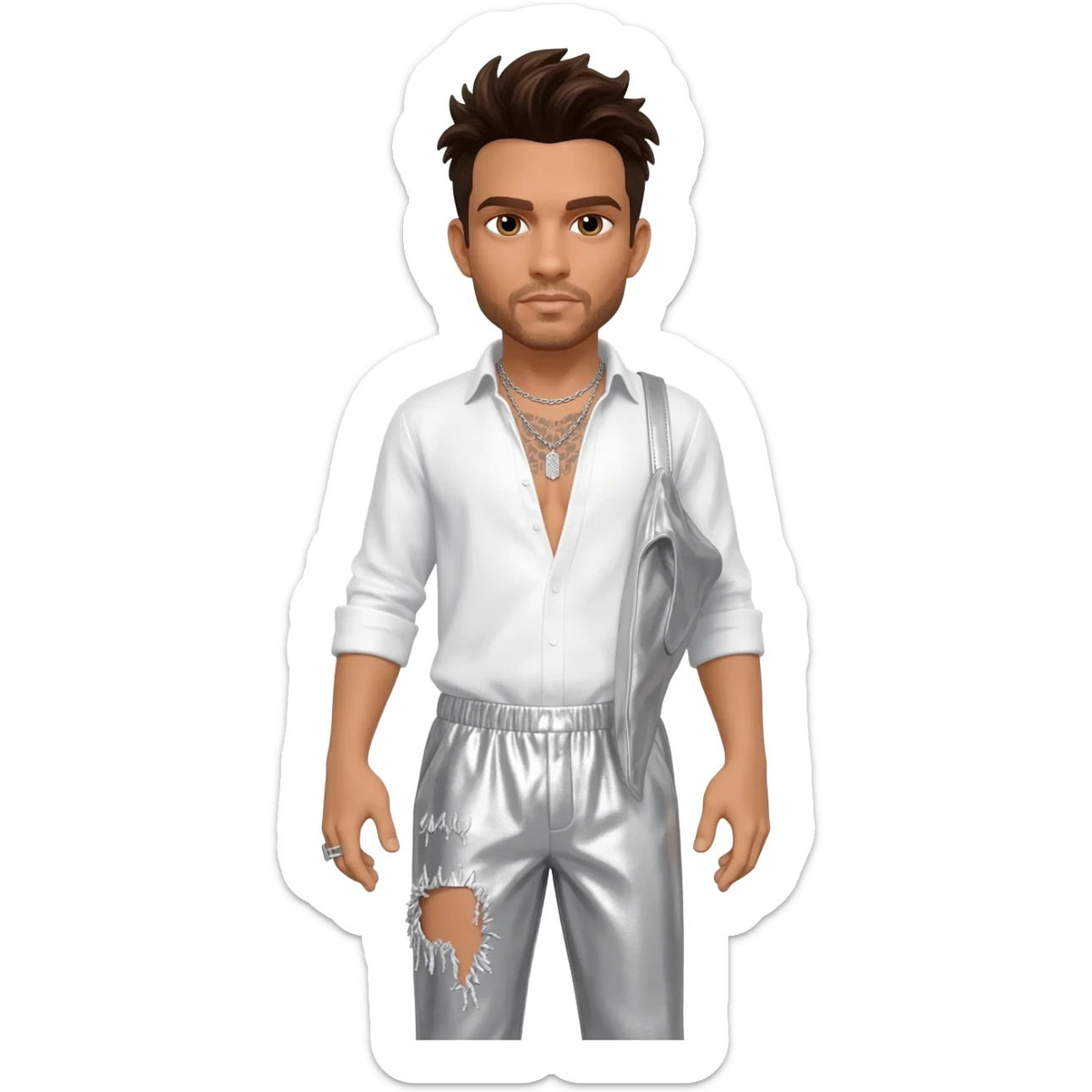 Howie Dorough with light tan skin, brown eyes, dark brown hair, white metallic shirt, white metallic baggy pants, silver necklace sticker