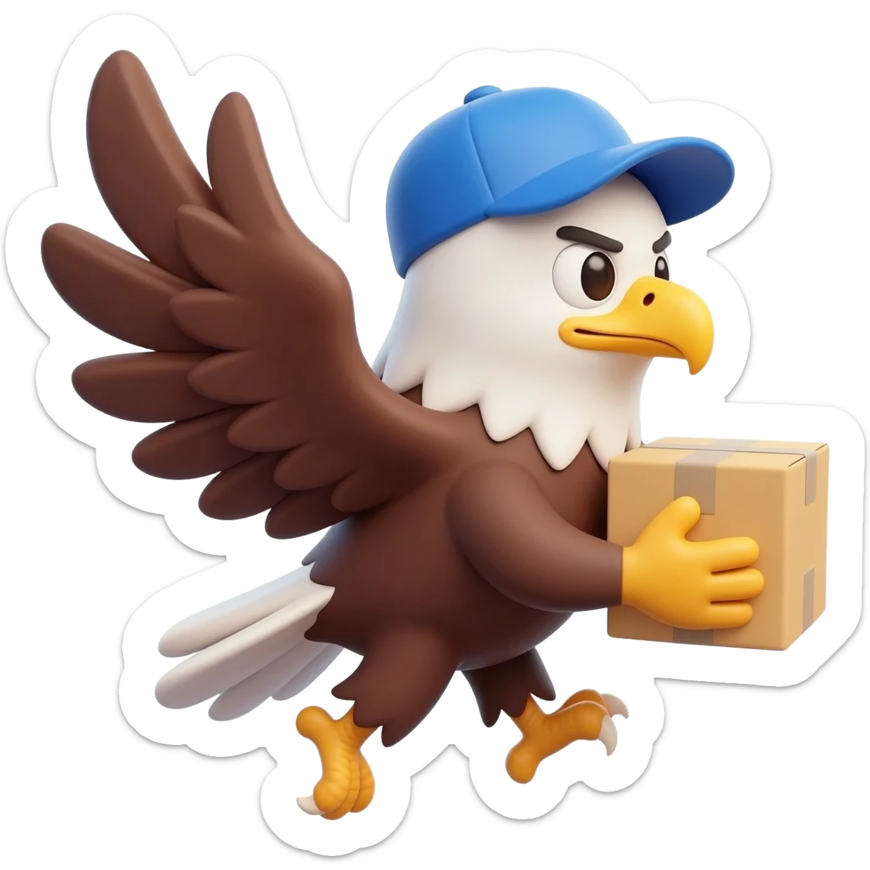 A cute 3D emoji sticker of a determined eagle with red wings wearing a blue delivery cap, flying fast to the right, carrying a yellow cardboard box, dynamic motion lines, soft studio lighting, 3D render, Pixar style, white background, isolated object, high quality --ar 1:1 sticker