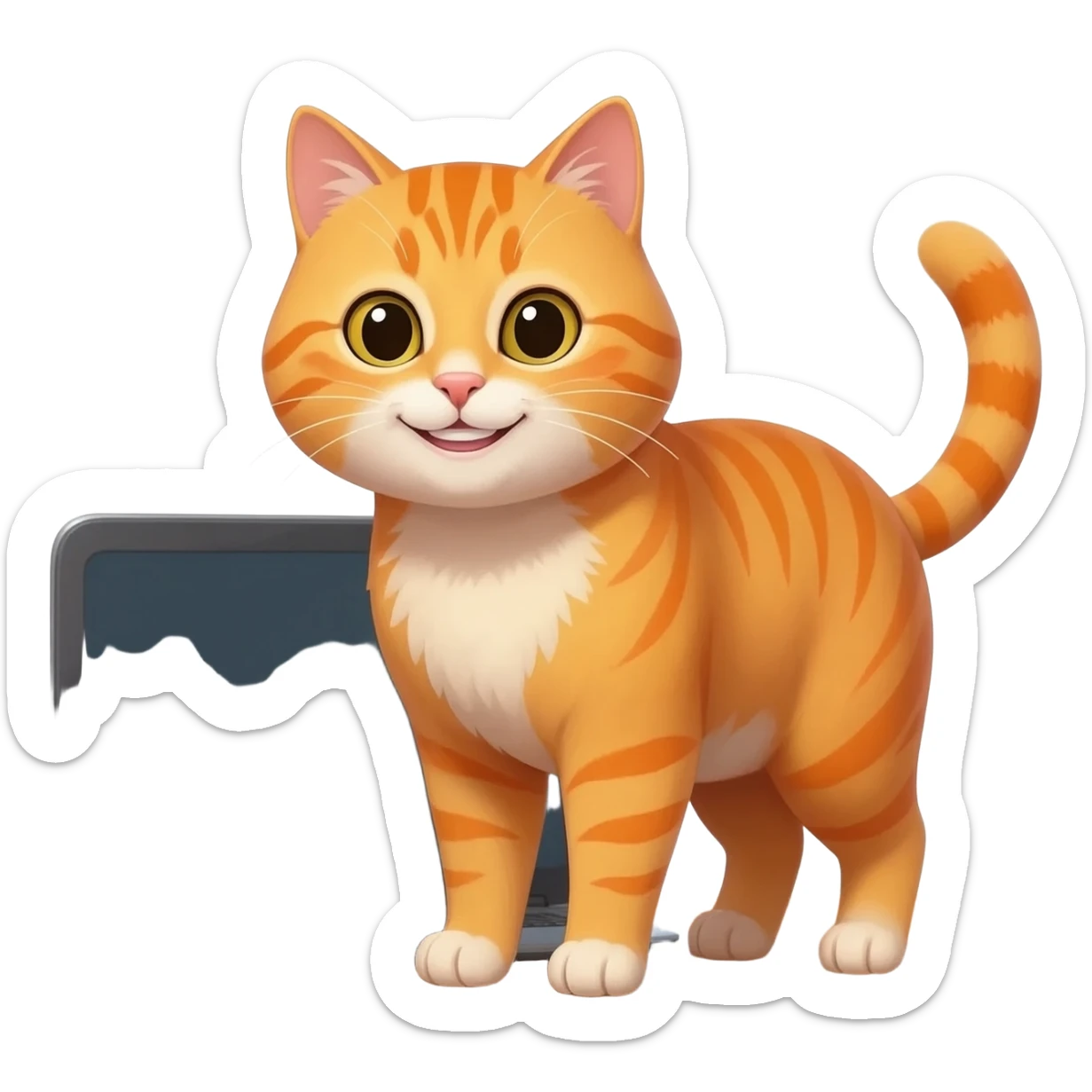 Cat smiling in front of a laptop with the sun behind him sticker