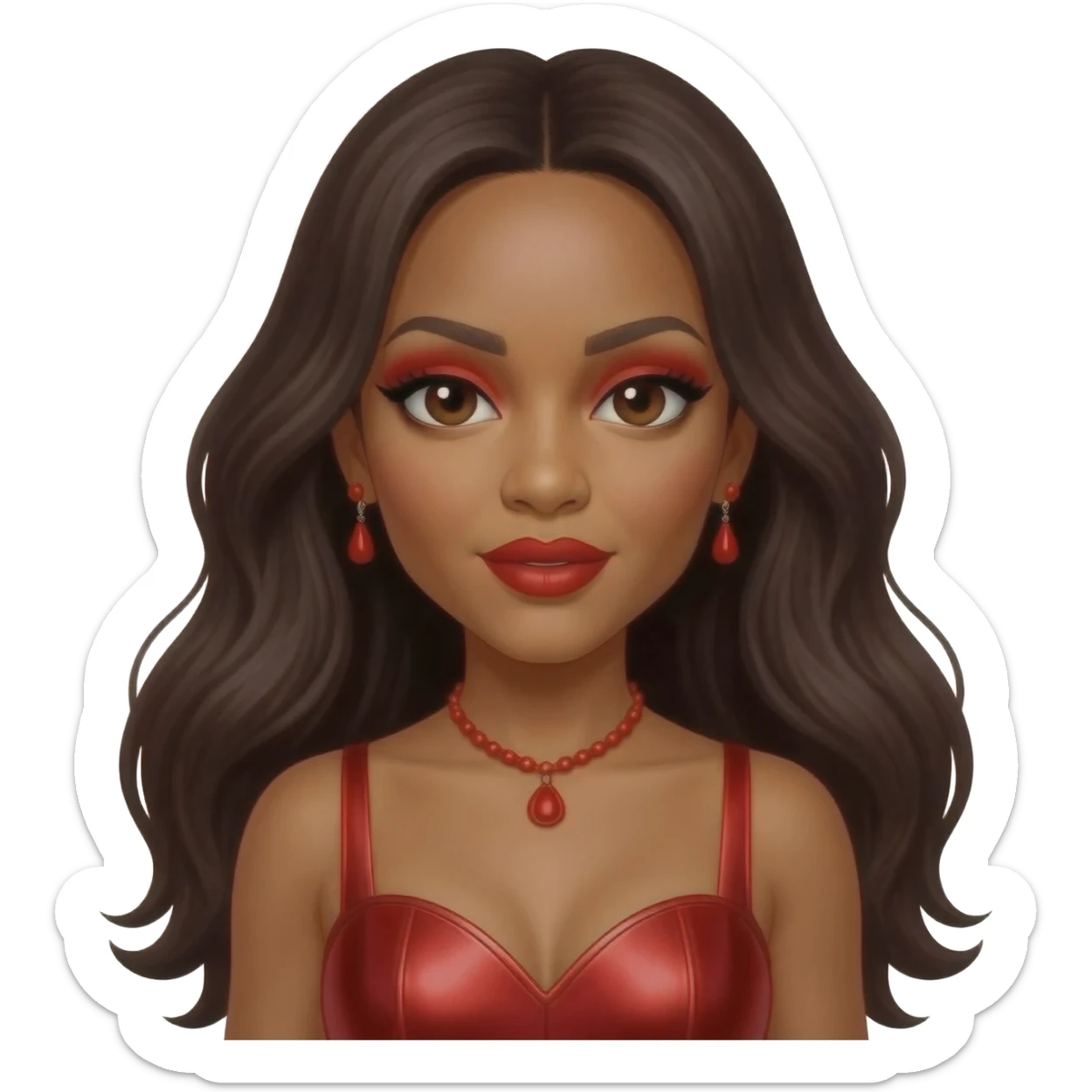 Kelly Rowland with dark brown eyes, red eyeshadow and lipstick, long dark brown hair, red metallic sweetheart dress, red necklace and earrings sticker