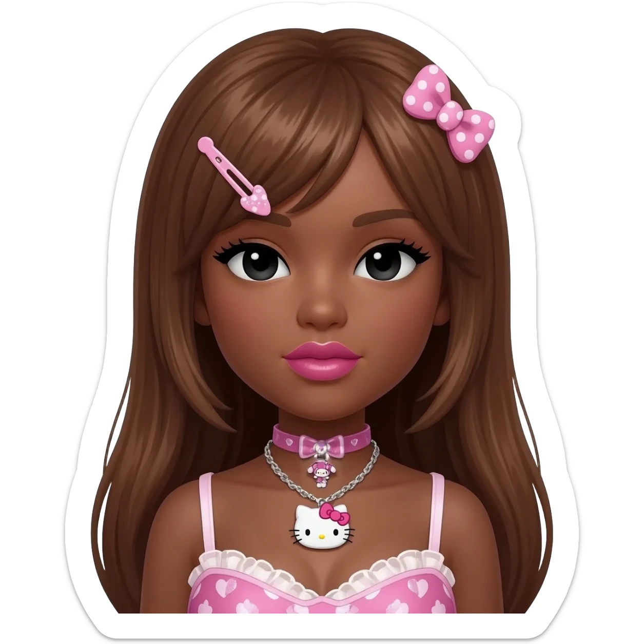 my melody hairclip, Doll faced shaped, hello kitty necklace, bimbo, black doll eyes, Big lips barbie, long dark brown skin with honey brown hair, bimbocore outfit sticker