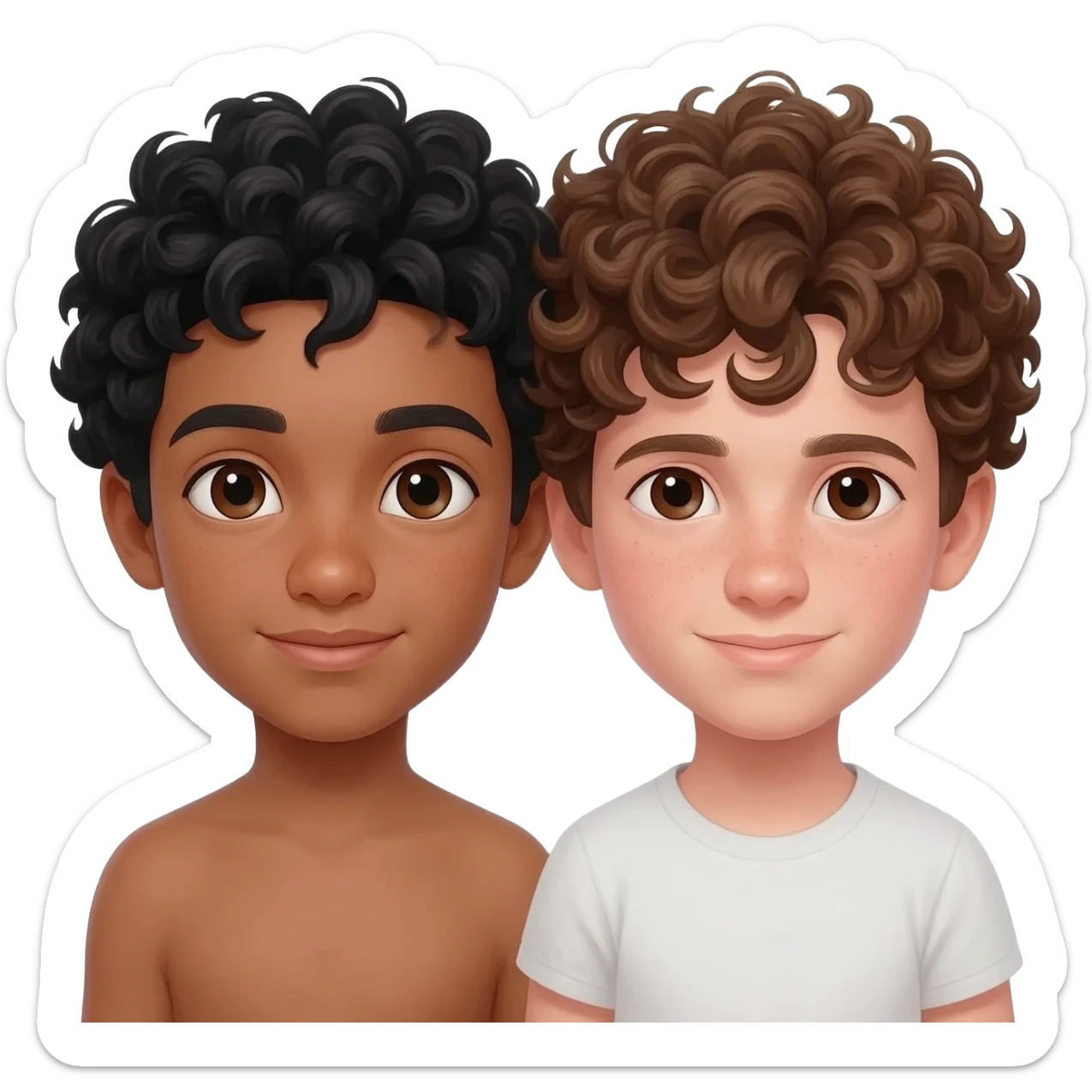 2 boys in love one tan black hair one flare skinned and brown curly hair, both with dark brown eyes sticker