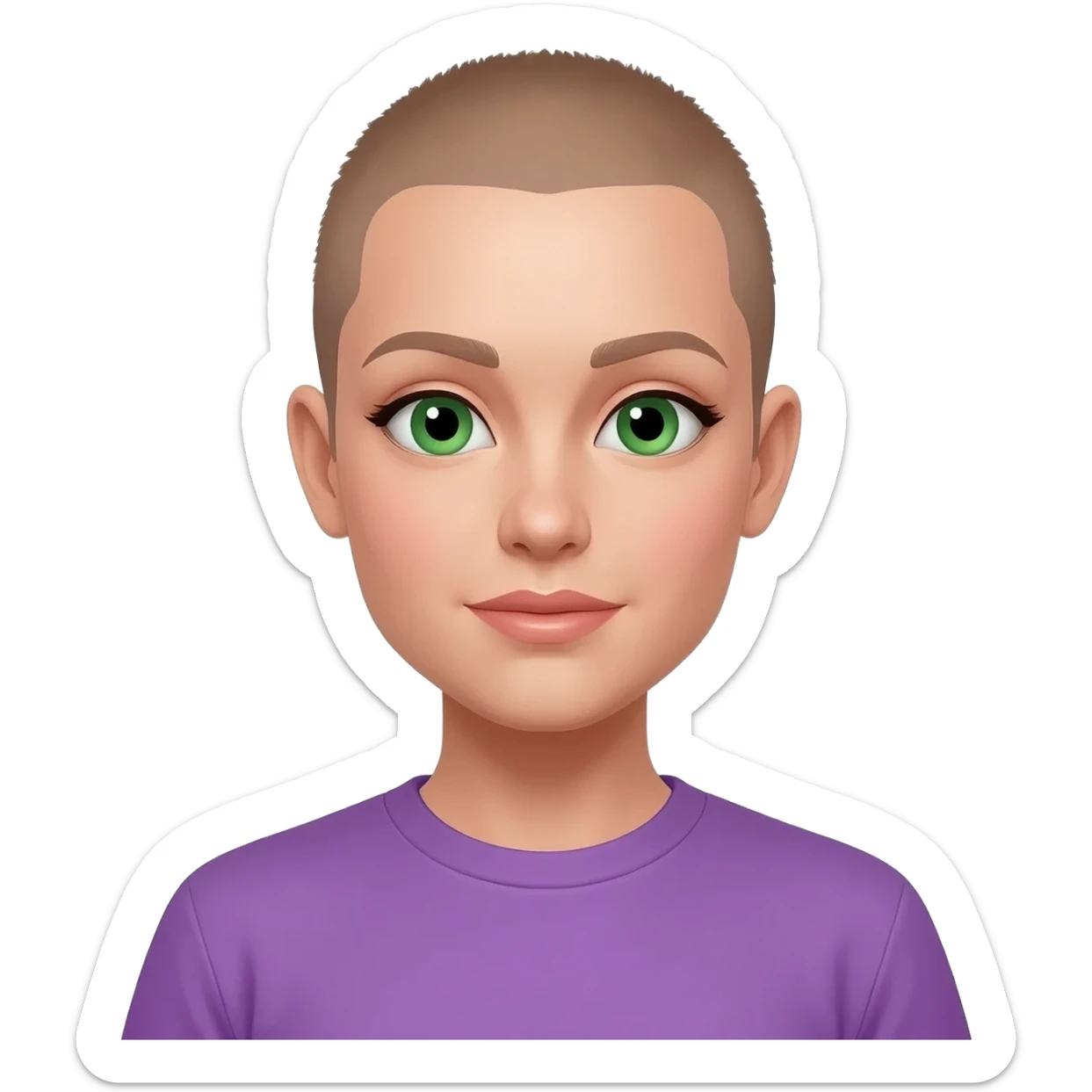White skin ,  female, light brown buzzcut, purple shirt, green eyes sticker