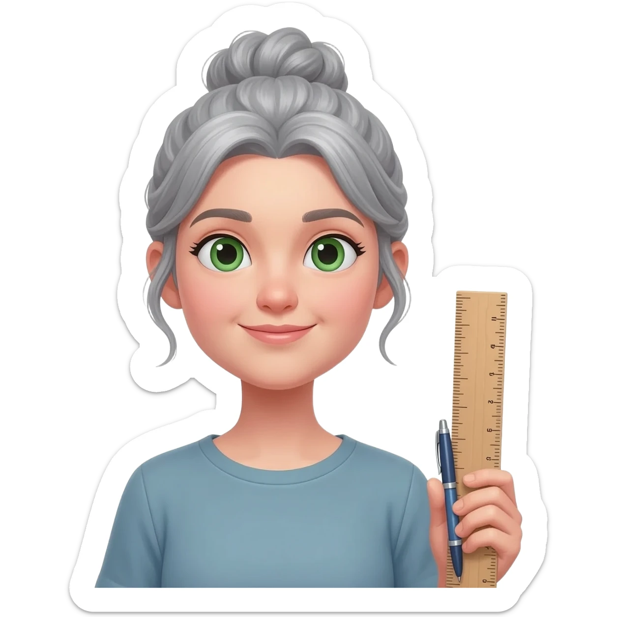 MUJER JOVEN, PELO GRIS, MOÑO INFORMAL DESPEINADO, OJOS VERDES  Y CARA OVALADA CON UTENSILIOS DE MAESTRA sticker