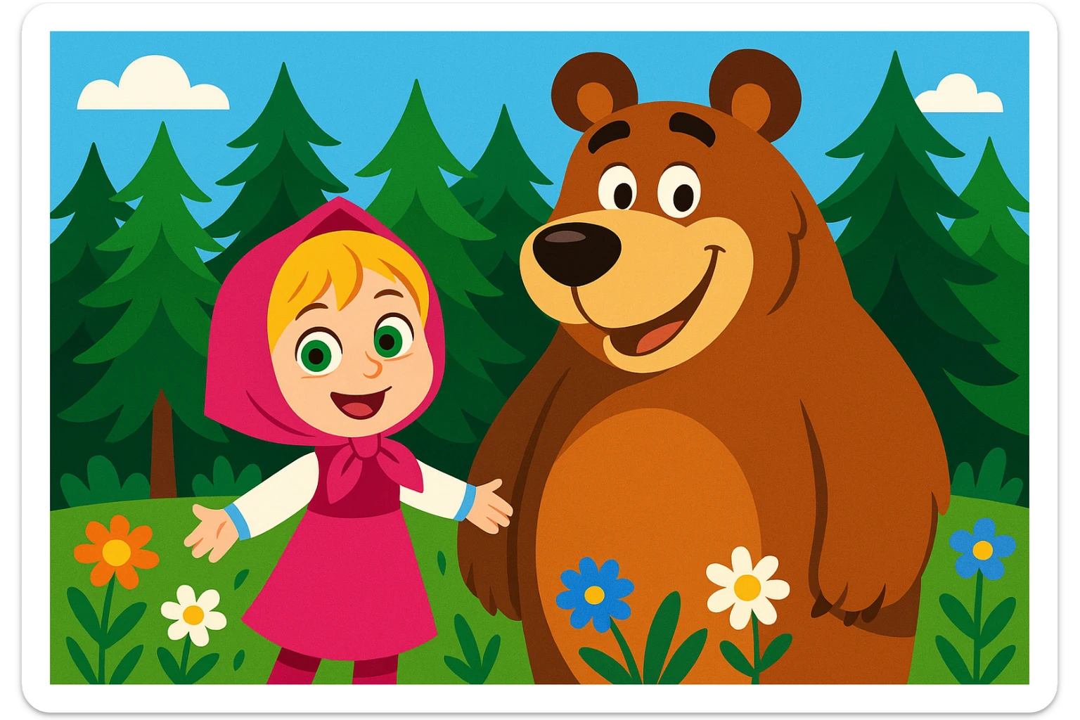 charming cartoon: little girl with green eyes, blonde hair, pink dress and headscarf, smiling next to a big brown bear in a lush pine forest with flowers, clean and bright background sticker
