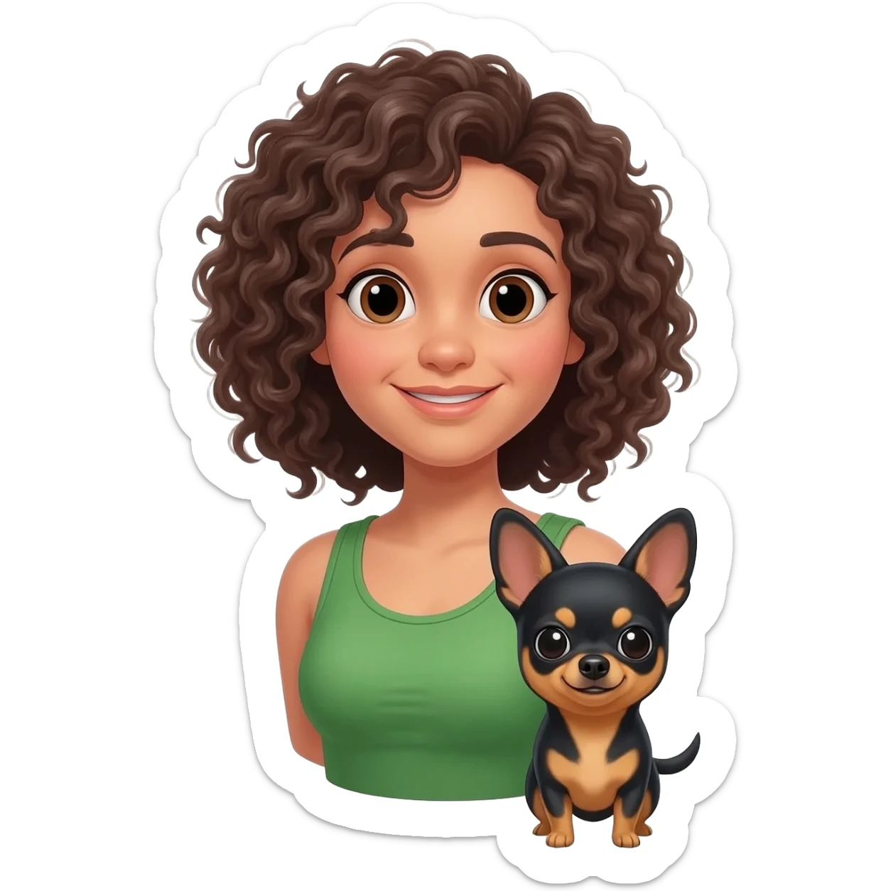 Une fille. Cheveux bouclée. Porte à maillot. Vert. Avec un chihuahua noir marron poil courut c'est une fille daisy tous les 2. Avec sa maîtresse avec. Et moi mmatichienne sticker