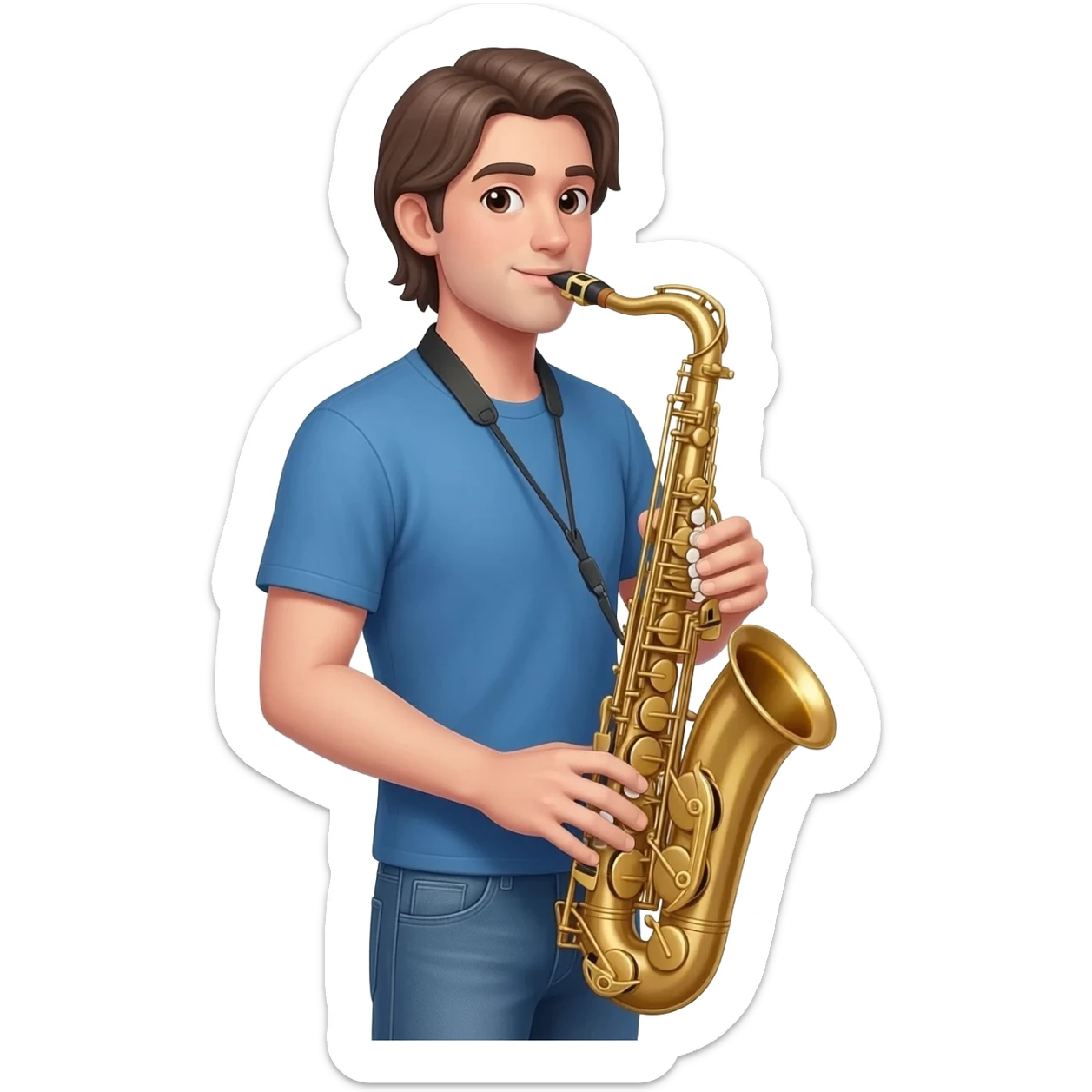 tall white boy with a medium length MIDDLE PART, playing alto saxophone. the boy is wearing jeans and a blue t shirt. sticker