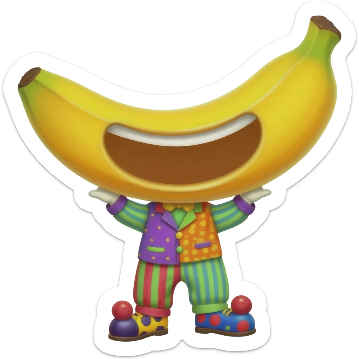 A banana in pajamas with a very big mouth and clown shoes. sticker