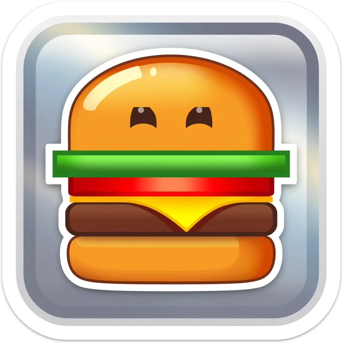 an ultra-modern trending now themed sticker, seamlessly blending internet slang into a cohesive vector-based design. The sticker shimmers with metallic effects, featuring a retro pixel-art burger at its center, winking. Twith subtle hazy light leaks adding depth.  sticker