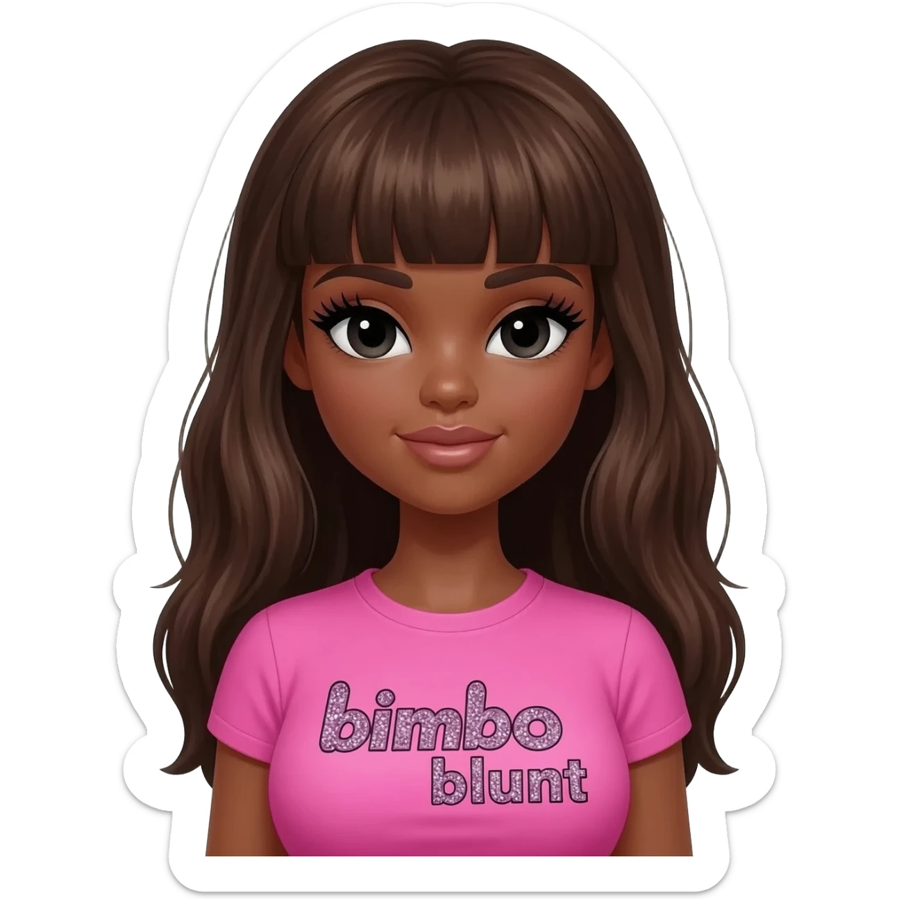 doll body , dark brown eyebrows, dark skin girl,Long giant lashes, bimbo, black doll eyes, barbie, dark brown skin, with brown hair, big breast, pink 2000s t shirt says on the sparkling text “bimbo blunt” on playboy logo sticker