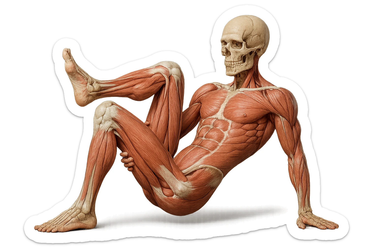 CORPO UMANO ANATOMICO REALISTICO CHE SVOLGE UN ESERCIZIO DI MOBILITà ALLE ANCHE, iperrealistico 4k sticker