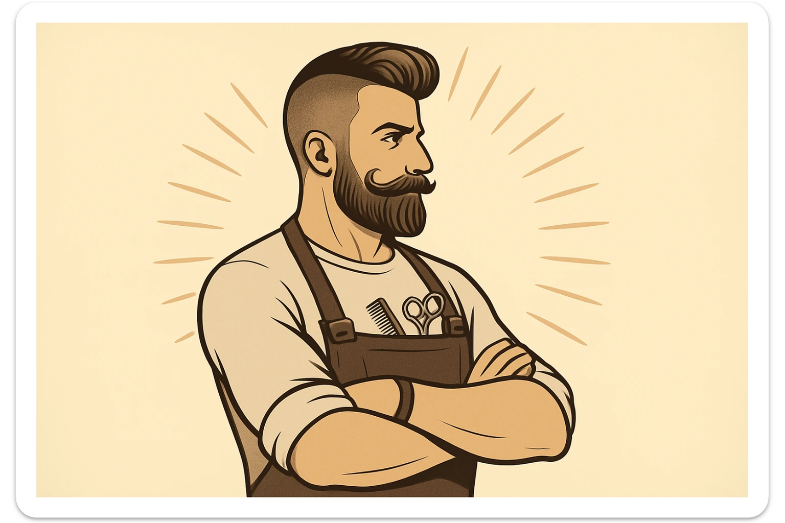 shu pozada turgan faqat chap tarafga qarab turgan sartarosh ustani tasvirlab ber sticker