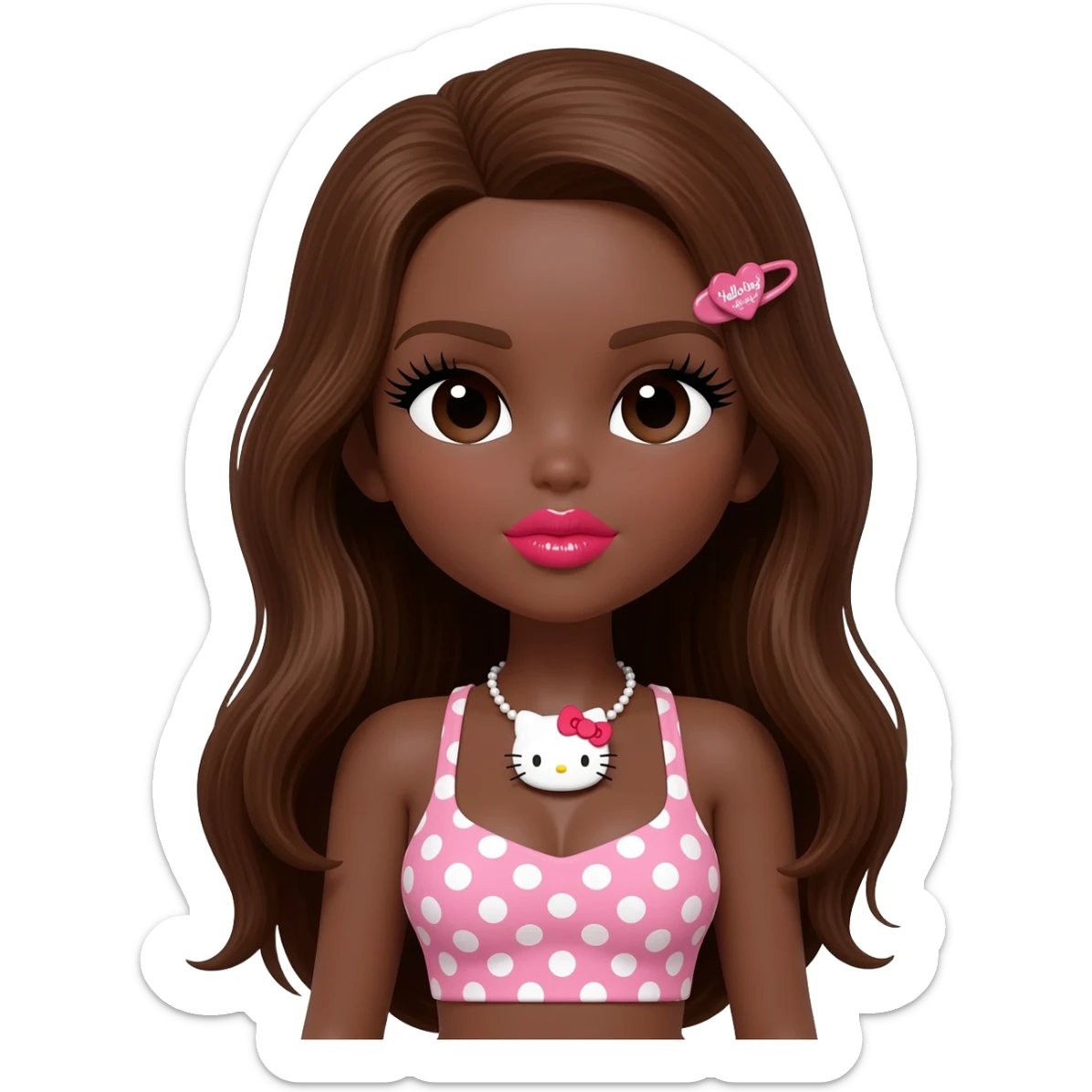 heart shaped lips, cute glossy lips, doll eyes with long lashes, dark brown skin, long brown hair, big chest, hello kitty necklace, one bow clip, pink and white polkadot tops sticker