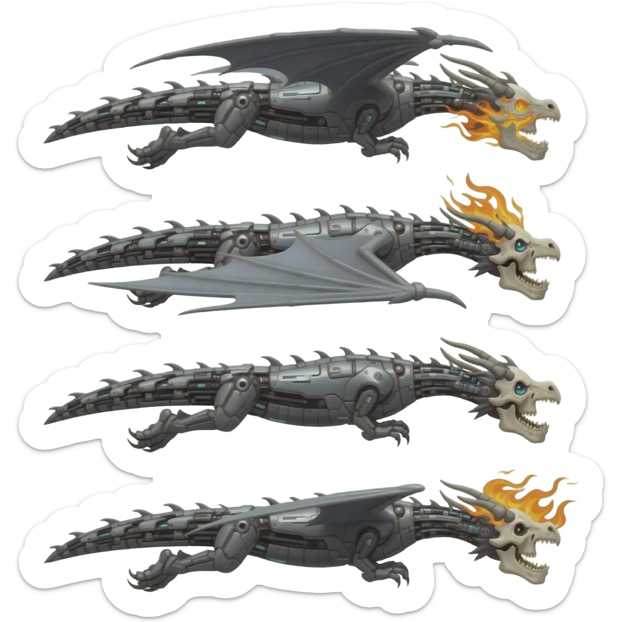 A sprite sheet of a cybernetic dragon with a burning skull head, show all 4 stages of him flying with no back ground, show the 4 stages of him flying in a row, with changing wing positions for each stage of flying, all 4 must be pointing right sticker