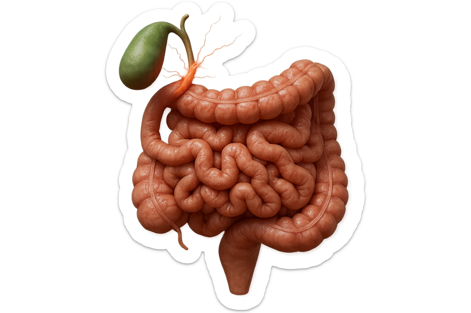 CISTIFELLEA E INTESTINO SONO COLLEGATI NEL DOLORE, SENZA SCRITTE E L'INTESTINO FALLO PERFETTO E REALISTICO, NON DISEGNATO iperrealistico 4k sticker