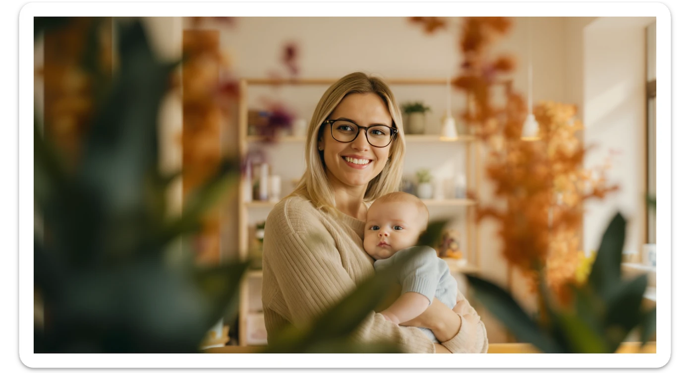 Cinematic still, blurred plants in the foreground (frame within a frame), Proffesional advertising of a smiling european white woman with glasses smiling holding baby, minimalistic ophthalmologist interior in background, leading  lines, "rule of thirds", 60/30/10 colors, soft light, warm colors sticker