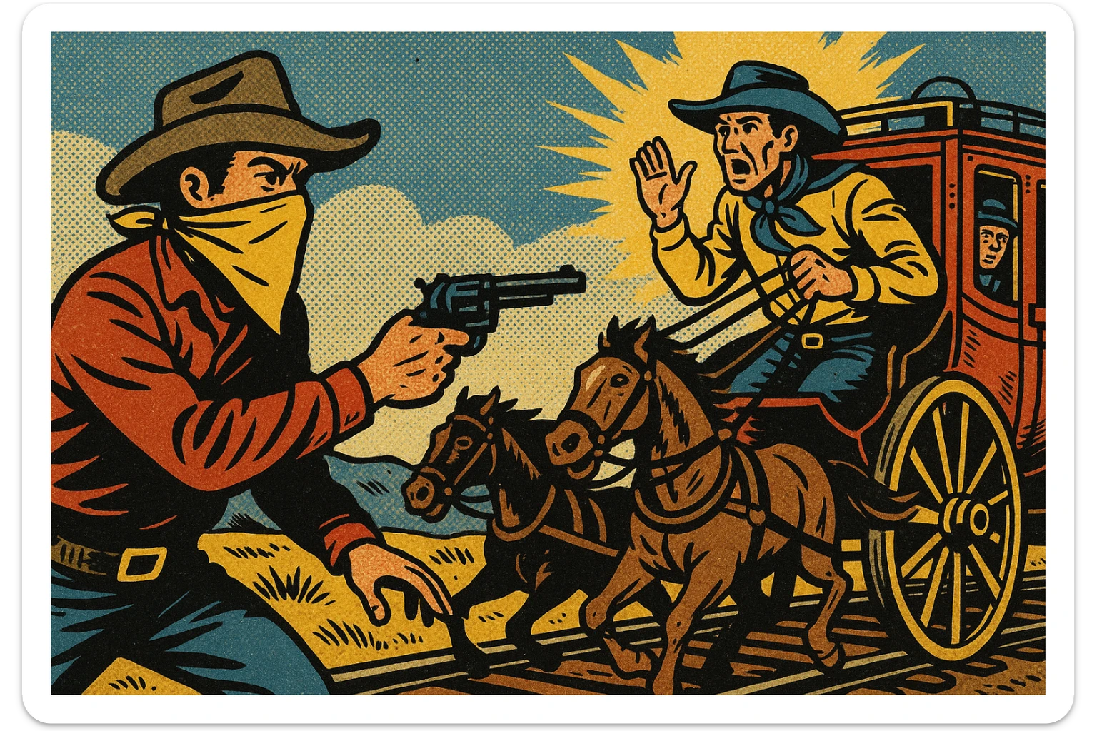 An American West stagecoach robbery scene on the tracks of the Great Plains sticker