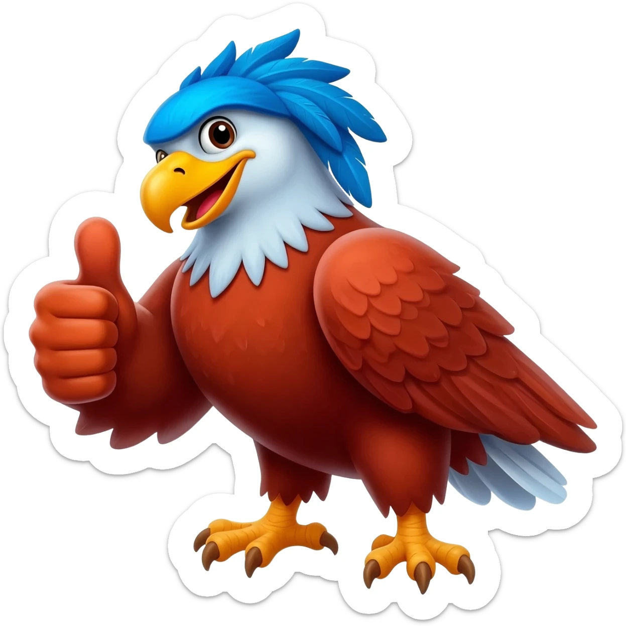 3D emoji of a red eagle giving a big thumbs up, blue feathers on head, cheerful expression, white background, sticker style. sticker