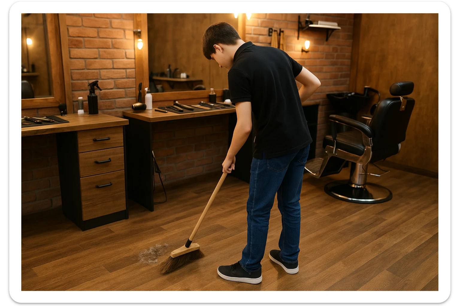 sartaroshxonani tozalayotgan o'smirin bola juda  yosh ham emas katta ham supir sudir qilaytgani narsalarni tozalayotgani yuzi ko'rinmasin
 sticker