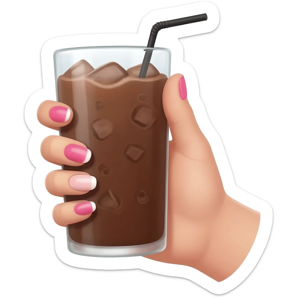 chocolat froid dans un grand verre avec une paille tenue par le bout d'une jolie main de femme avec une belle manucure Style Pinterest réaliste Avec une bordure b blanche sticker
