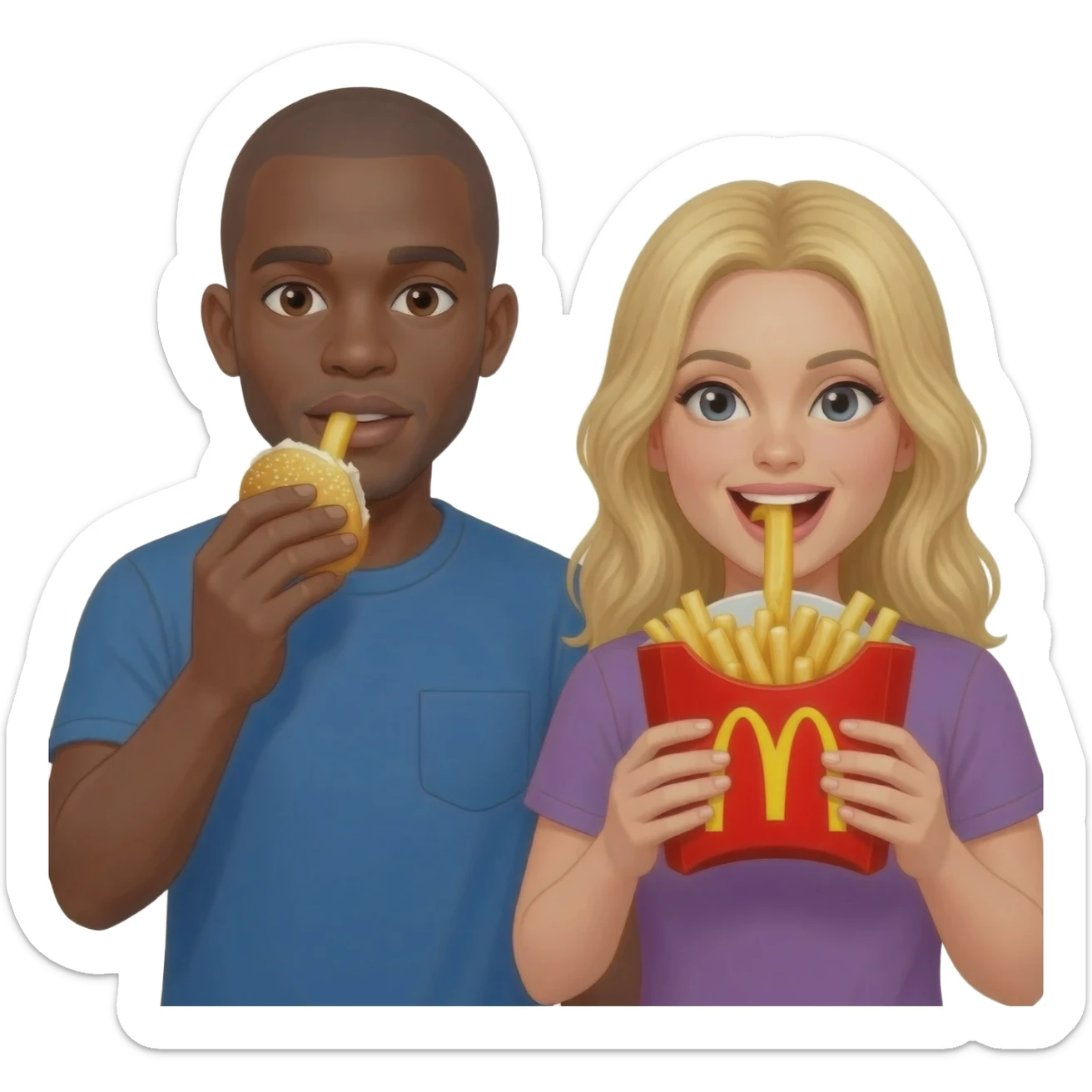 Black man with shaved head and blonde woman eating McDonald's together sticker