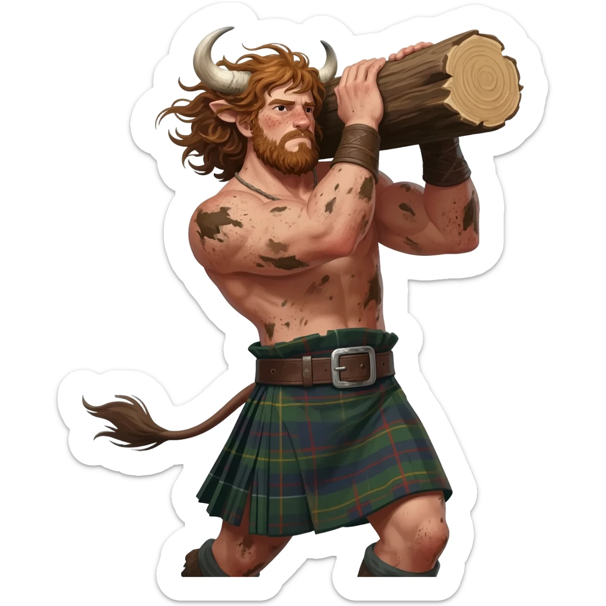 buff curly hairy man covered in dirt with freckles with messy light brown bangs that covers his face completely with bull horns and bull ears and bull tail dressed in kilt lifting large log with wind in his hair with belt around his chest sticker