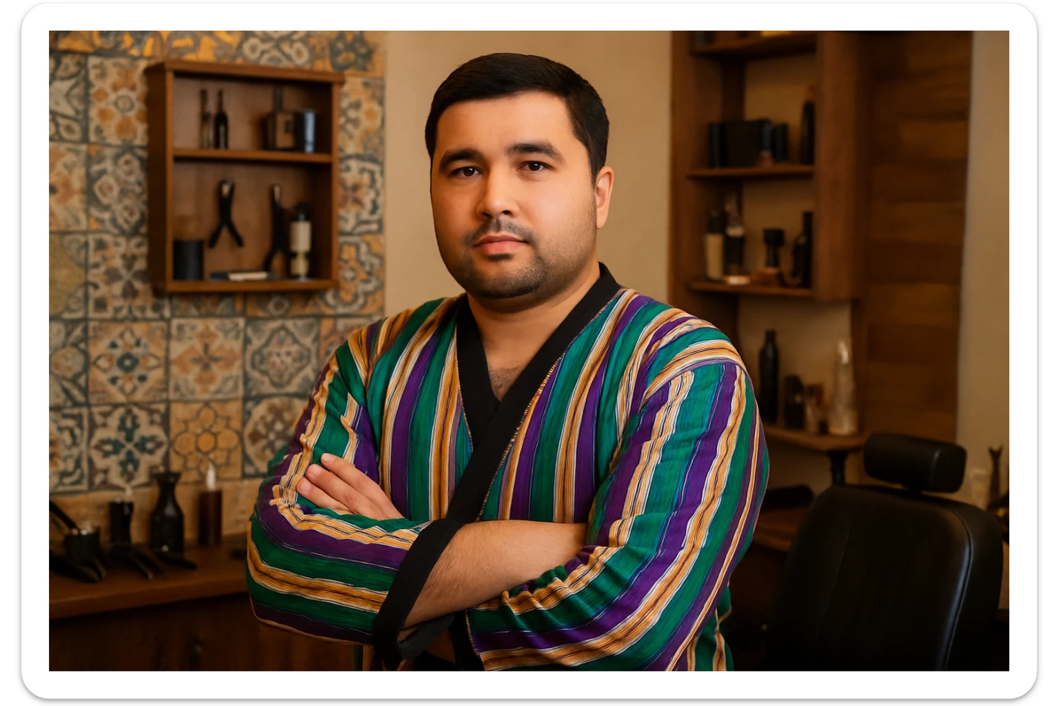 uzbek sartaroshi qo'lini qovushtirib turibdi yon taraf sal pastroq rakusdan sticker