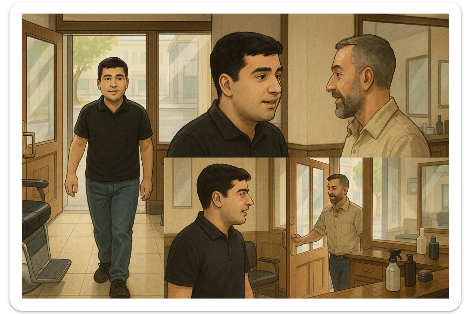 Shu odamni sartaroshxonaga kirib kelayapti  o'smirin davri rakurs ichkaridan sartaroshxona eski ham yangi ham emas bolani juda semiz qilib yuborma  u huddi sartaroshxonani  hammadan oldin kelib ochsinshu kadrni 2ta3ta rakursdan yarat sticker