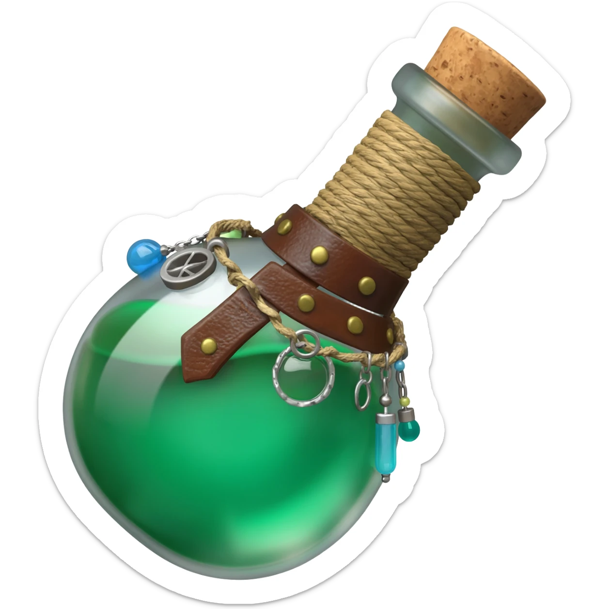 an empty round potion bottle a little rotated with a cork and decorations on the bottle like ropes and belts and random stuff sticker