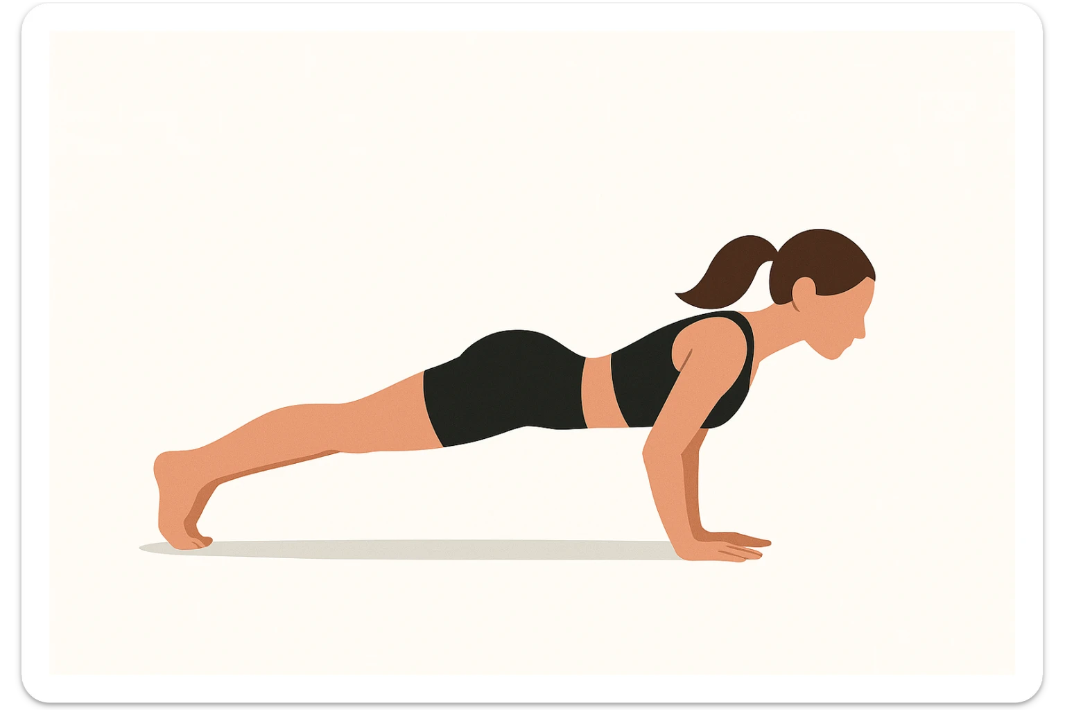 Minimalist flat vector illustration of a woman doing yoga (Four Limbed Staff ), wearing sportswear (black top and black shorts), brown hair pulled back into a ponytail, clean white background, no face details, elegant style sticker