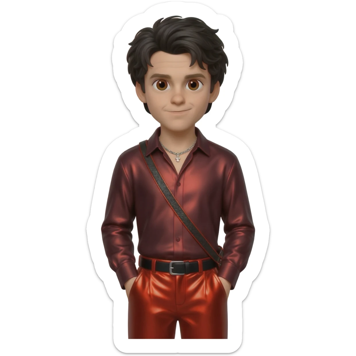 Ezra Miller with brown eyes, black long hair, dark red metallic shirt, red metallic baggy pants, silver necklace sticker