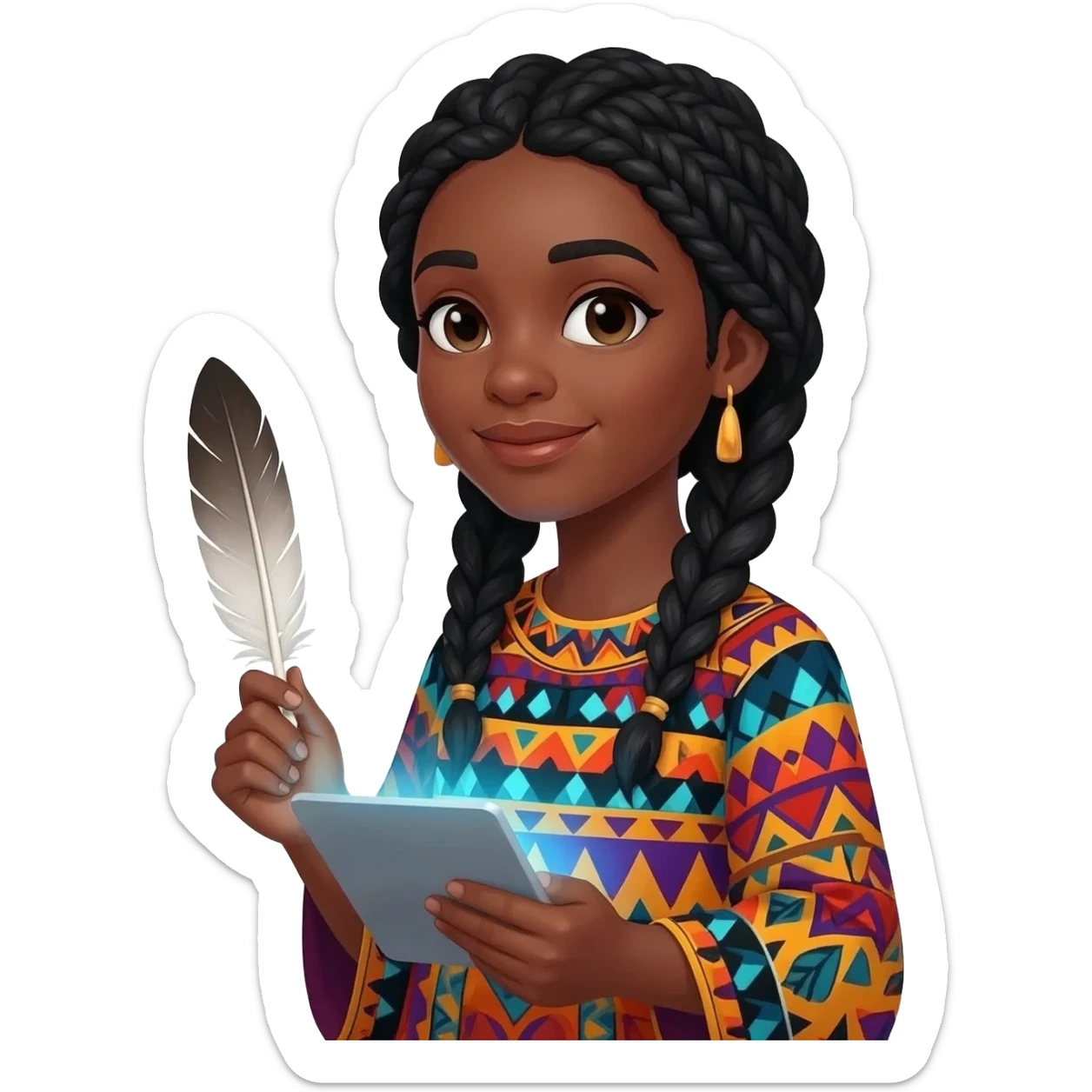Émoji représentant une femme peau marron avec des longues nattes noires, des habits colorés, tenant une plume dans une main et une tablette dans l'autre sticker