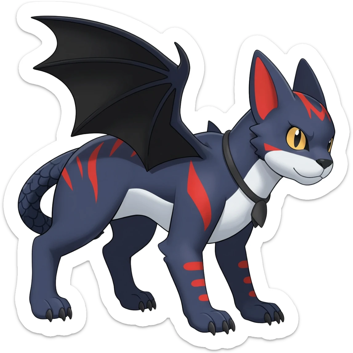 midnight blue-gray-black, with red markings, white belly, scaley scaly batty feline-like quadrupedal digitigrade cute cool handsome badass realistic feral Bastet-Noibat-Gatomon-Garchomp-Digimon-Fakémon-Pokémon-creature (full body) sticker