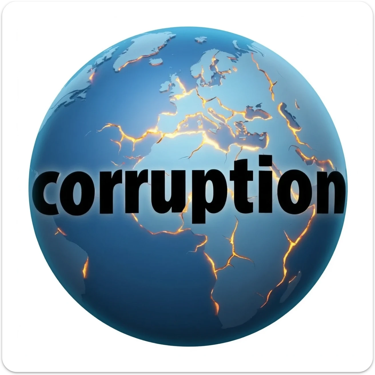 a blue burning planet in a realistic style that has "corruption" written on it with black letters sticker