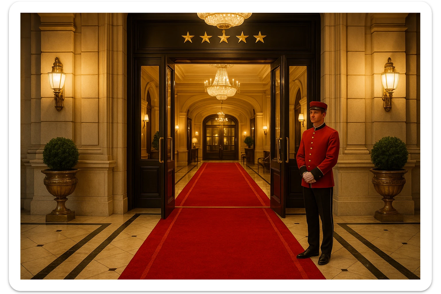 5 star hotel, bellhop at entrance, red carpet, classic luxury sticker