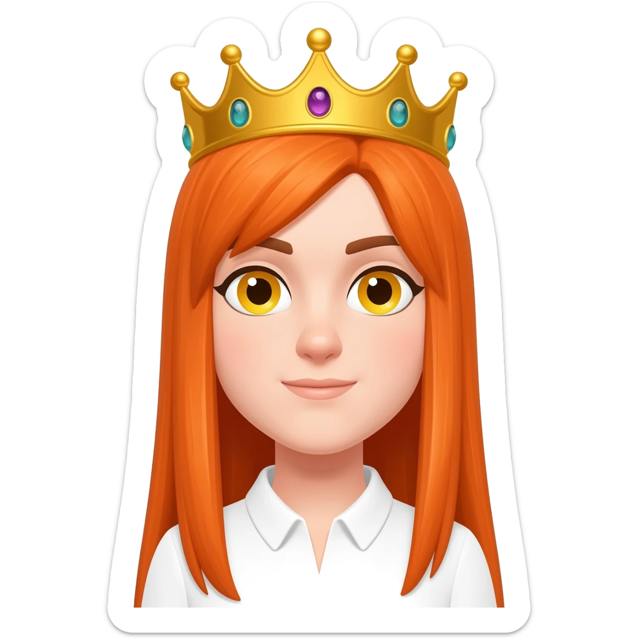 White girl with orange long straight hair and yellow eyes with a crown on her head and a white shirt on brown eyebrows sticker