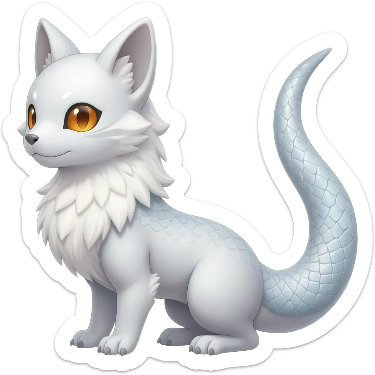 Cute realistic albino Minccino-Lykoi-Emolga-Pachirisu-Zangoose-fusion-hybrid-animal-Fakémon-creature, full body, thin long sleek scaly tail, intricate markings sticker