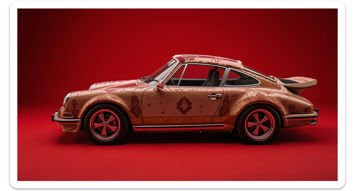 Closeup shot of a porsche 911, body of car made of russian carpet with patterns, red solid studio background,top low key light, dutch angle,  captured by ARRI 65 sticker